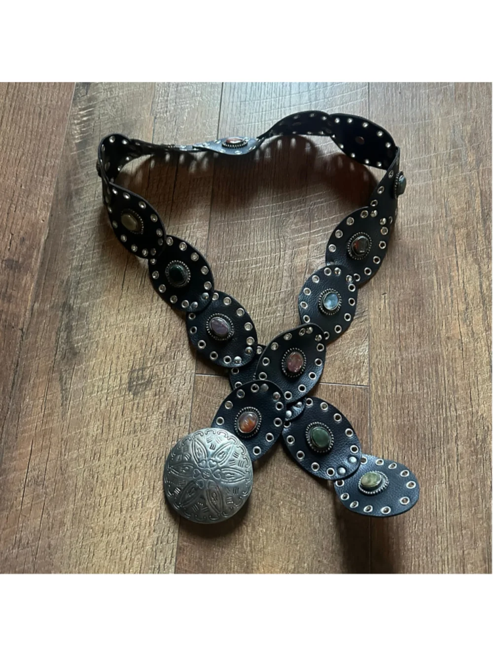 Women's Black Leather Belt with Silver Conchos and Gemstones, adjustable